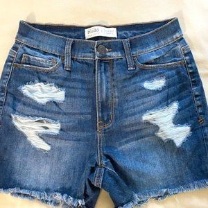 MUDD ripped denim shorts flexstretch juniors 7 high rise shortie waist 28 blue